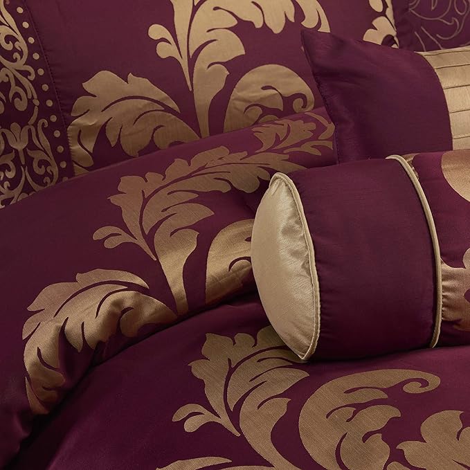 Chezmoi Collection Royale 7-Piece Jacquard Floral Comforter Set, Oversized Queen, Maroon/Gold - LeafyLoom