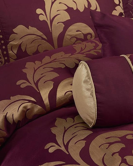 Chezmoi Collection 7-Piece Jacquard Floral Comforter Set (California King, Maroon) - LeafyLoom
