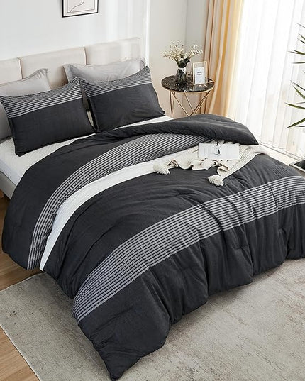 Litanika King Bed Comforter Set Black White Grey - 3 Pieces Lightweight Bedding Set, All Season Down Alternative Comforter (1 Comforter, 2 Pillowcases) - LeafyLoom