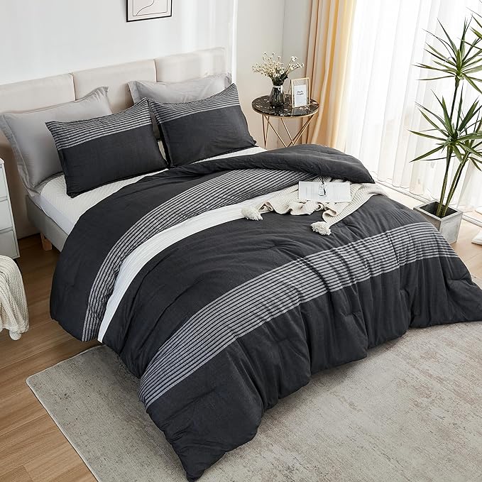 Litanika California King Comforter Set Black White Grey - 3 Pieces Cal King Oversized Lightweight Colorblock Stripe Bedding Set (104x96In, 2 Pillowcases) - LeafyLoom