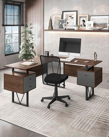Techni Mobili Reversible Modern Versatile L Shaped Drawers and File Cabinet Home Office Desk, 59" W x 57.3" D x 30" H, Brown, Grey - LeafyLoom