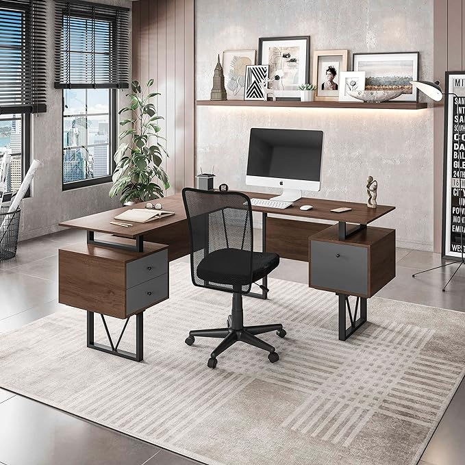 Techni Mobili Reversible Modern Versatile L Shaped Drawers and File Cabinet Home Office Desk, 59" W x 57.3" D x 30" H, Brown, Grey - LeafyLoom