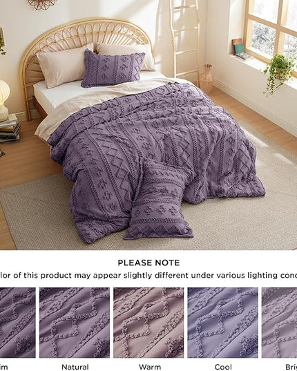 Bedsure Tufted Boho Comforter Set Queen - Grayish Purple Boho Bedding Comforter Set, 3 Pieces Farmhouse Shabby Chic Embroidery Bed Set, Soft Jacquard Comforter for All Seasons - LeafyLoom