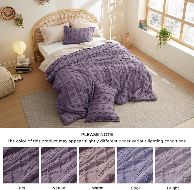 Bedsure Tufted Boho Comforter Set Queen - Grayish Purple Boho Bedding Comforter Set, 3 Pieces Farmhouse Shabby Chic Embroidery Bed Set, Soft Jacquard Comforter for All Seasons - LeafyLoom