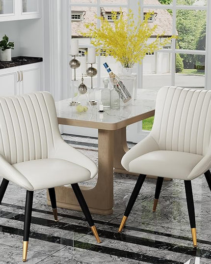 Alunaune Upholstered Dining Chairs Set of 2 Modern Kitchen Chairs, White Faux Leather Mid Century Accent Chair Armless Leisure Chair Living Room Desk Side Chair - LeafyLoom