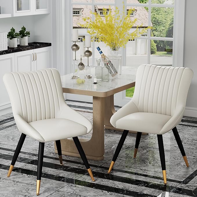 Alunaune Upholstered Dining Chairs Set of 2 Modern Kitchen Chairs, White Faux Leather Mid Century Accent Chair Armless Leisure Chair Living Room Desk Side Chair - LeafyLoom