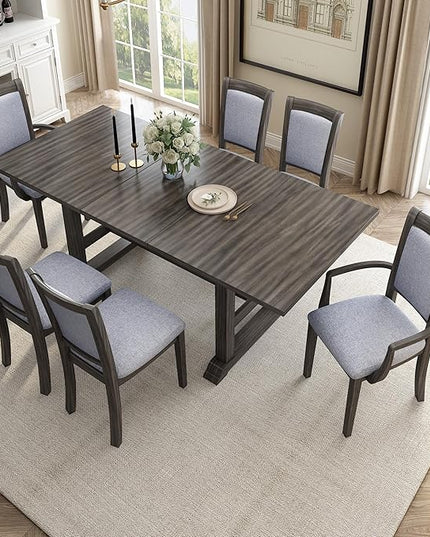 76.9 Inch Dining Table Set for 6, Extendable Dining Table Set with Removable Leaf, Kitchen Table Set with Upholstered Side Chair and Arm Chair for Dining Room, Dark Brown+Grey - LeafyLoom