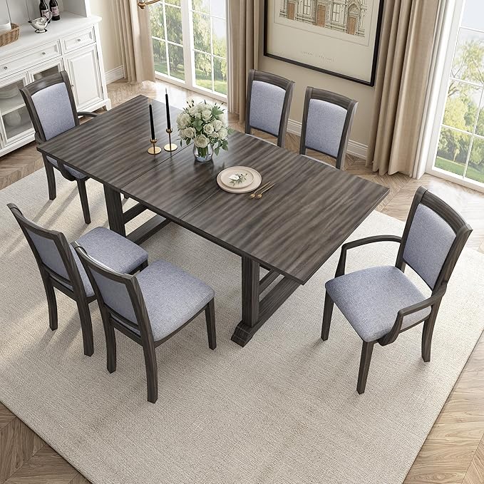 76.9 Inch Dining Table Set for 6, Extendable Dining Table Set with Removable Leaf, Kitchen Table Set with Upholstered Side Chair and Arm Chair for Dining Room, Dark Brown+Grey - LeafyLoom
