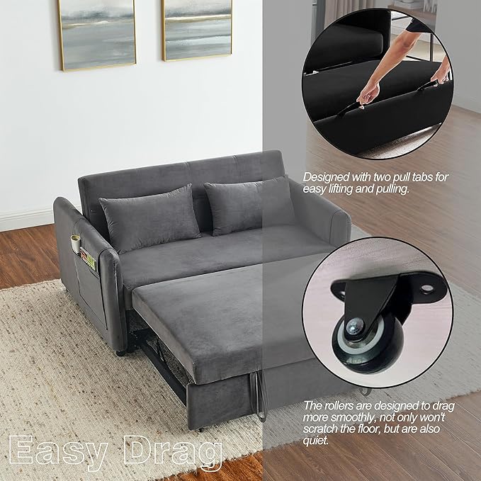Modern Convertible Loveseat Sofa Bed, Compact Functional Love Seat,Comfy Velvet Sleeper Sofabed 3 in1 Recliner Sofa&Couch with Removable Side Pockets for Small Space Living Room/Guest Room - LeafyLoom