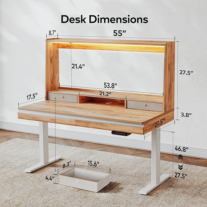 FEZIBO 55 x 27.5 Inches Electric Standing Desk with Open Shelf&LED Strip, Adjustable Height Sit Stand Up Desks with 4 Drawers, Ergonomic Workstation，Light Rustic - LeafyLoom