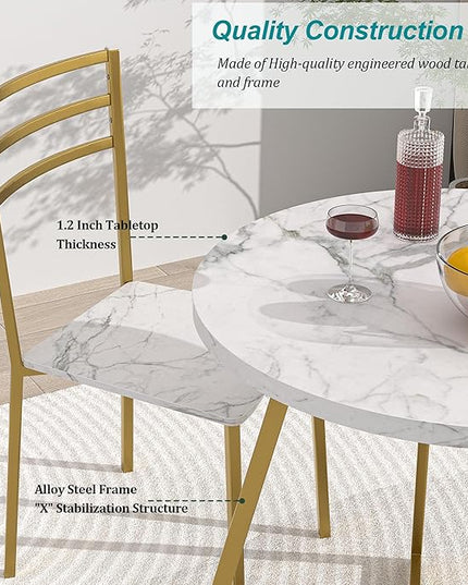 VECELO Round Dining Table with Steel Frame for 2-4 People, Space Saving for Home, Kitchen, Apartment, White & Gold - LeafyLoom