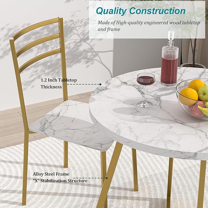 VECELO Round Dining Table with Steel Frame for 2-4 People, Space Saving for Home, Kitchen, Apartment, White & Gold - LeafyLoom