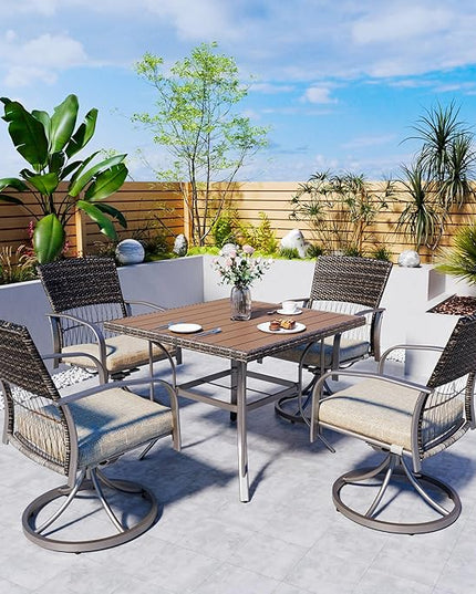 Pamapic 5 Piece Patio Dining Set for 4,Outdoor Wicker Furniture Set for Backyard Garden Deck Poolside with 4 Cushions Swivel Rocker Chairs,Square Plastic-Wood Table Top, Removable Cushions(Beige) - LeafyLoom