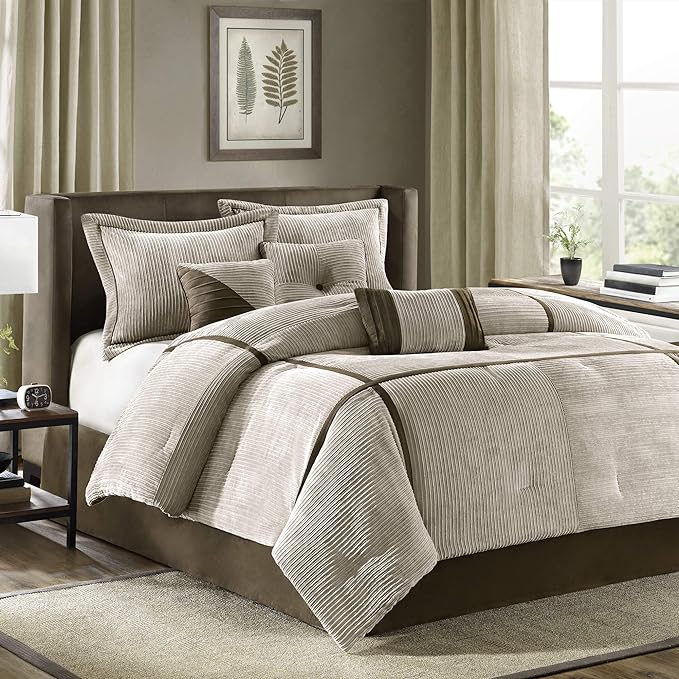 Madison Park Cozy Comforter Set Casual Blocks Design All Season, Matching Bed Skirt, Decorative Pillows, California King (104 in x 92 in), Dallas Taupe/Brown, 7 Piece - LeafyLoom