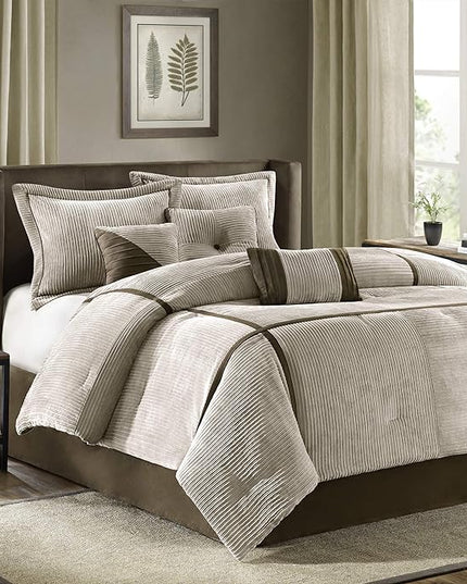 Madison Park Cozy Comforter Set Casual Blocks Design All Season, Matching Bed Skirt, Decorative Pillows, Queen(90"x90"), Dallas Corduroy, Taupe Brown, 7 Piece - LeafyLoom