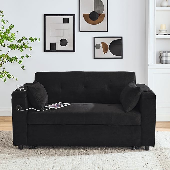 4 in 1 Multifunctional Convertible Loveseat Sleeper Sofa Bed,Soft Chenille Tufted Love Seats Sofabed W/Pull Out Sleep Couch,Armrests Storage,Cupholders,USB Ports,Pillows and Side Pockets - LeafyLoom