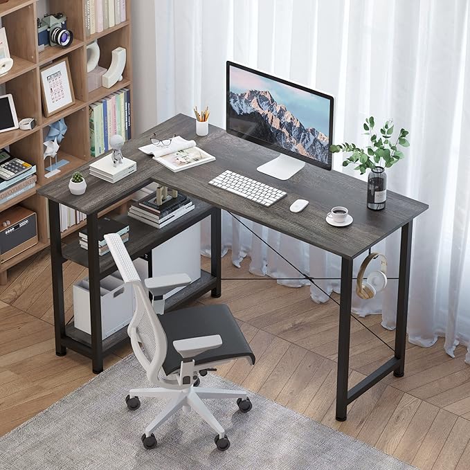 COTUBLR L Shaped Computer Desk, 47 Inch Small Corner Desk with Storage Shelves, Computer Desk Table Laptop Table Writing Desk Study Table for Home Office Workstation Small Spaces (Grey Oak) - LeafyLoom