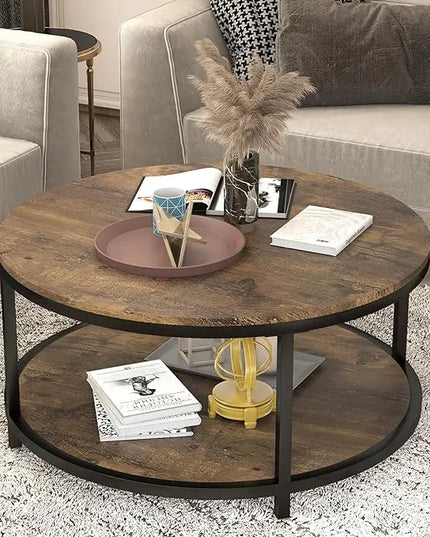 NSdirect 36 inches Round Coffee Table, Rustic Wooden Surface Top & Sturdy Metal Legs Industrial Sofa Table for Living Room Modern Design Home Furniture with Storage Open Shelf (Brown) - LeafyLoom