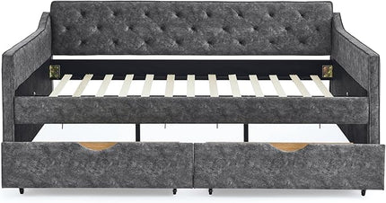 Queen Size Daybed with 2 Drawers, Upholstered Tufted Sofa Bed, with Button Back and Waved Shape Arms, Wood Slat Support, No Spring Box Need, for Bedroom, Livingroom - LeafyLoom