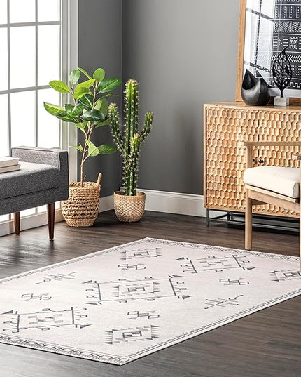 nuLOOM Evalyn Southwestern Machine Washable Ultra Thin Area Rug, 8x10, Cream - LeafyLoom