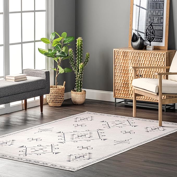 nuLOOM Evalyn Southwestern Machine Washable Ultra Thin Area Rug, 6x9, Cream - LeafyLoom