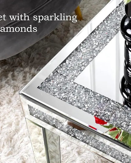 Silver Coffee Table with Crystals Inlay, 35 inches Modern Contemporary Accent Side or Coffee Table for Living Room with Mirrored Finished - LeafyLoom