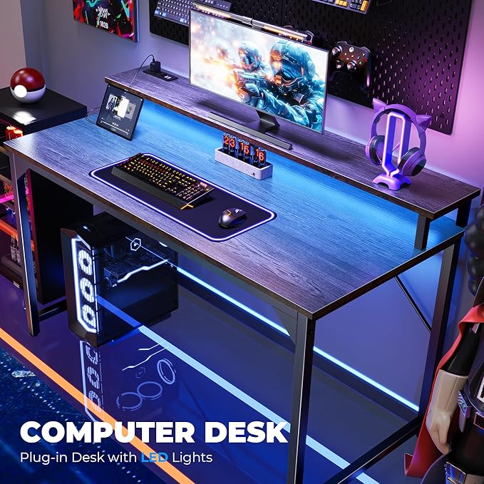 SUPERJARE 47 inch Computer Desk with LED Lights & Power Outlets, Home Office Desk with Monitor Shelf, Small Desk for Home & Office, Grey - LeafyLoom