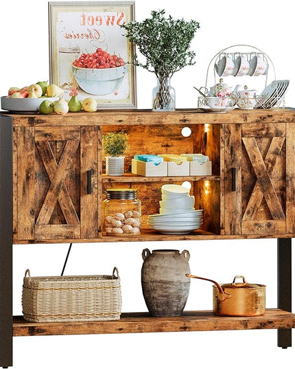 IRONCK Sideboard Buffet Cabinet with LED Light & Charging Station, Coffee Station Table, Bar Storage for Kitchen, Dining Room, Living Room, Vintage Brown - LeafyLoom