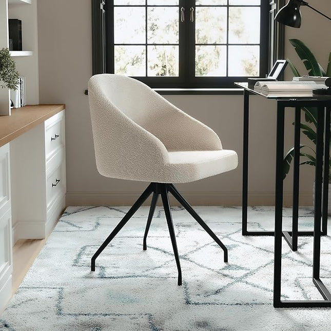 Martha Stewart Sora Stationary Swivel Task Chair with Sloped Arms for Home Office in White Boucle with Oil Rubbed Bronze Frame - LeafyLoom