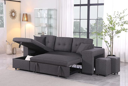RITSU Reversible Sectional Sofa, Pull Out Loveseat Sleeper Bed Storage Space and 2 Stools, Corner Couch with Side Cabinets, Suitable for Living Room, Apartment Dark Gray, 95.27inch - LeafyLoom