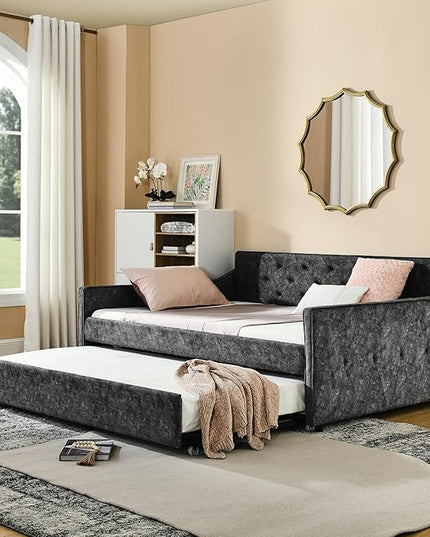 Full Size Upholstered Daybed with Twin Size Trundle, Tufted Sofa Bed w/Waved Shape Arms, for Bedroom Living Room, No Box Spring Needed & Space-Saving Design, Grey - LeafyLoom