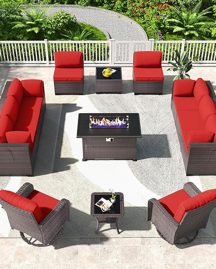 Kullavik 13PCS Outdoor Patio Furniture Set,PE Wicker Rattan Sectional Sofa Patio Conversation Sets with 43" 55000BTU Gas Propane Fire Pit Table,Swivel Rocking Chairs Set,Dark Red - LeafyLoom