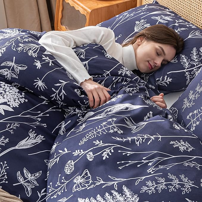 JANZAA King Size Comforter Set Navy Blue Comforter Set Floral Bedding Set Microfiber Comforter Set with 2 Pillow Cases for All Season Cozy and Comfortable 3 Pieces - LeafyLoom
