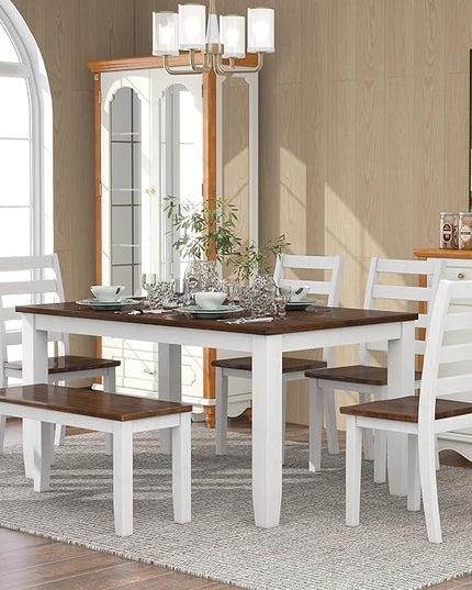 RITSU Retro Rustic Style 6 Piece Set, Including 4 Upholstered Chairs, 1 Table and a Bench, for Dining Room, Home Bar, and Kitchen,Walnut + Cottage White - LeafyLoom