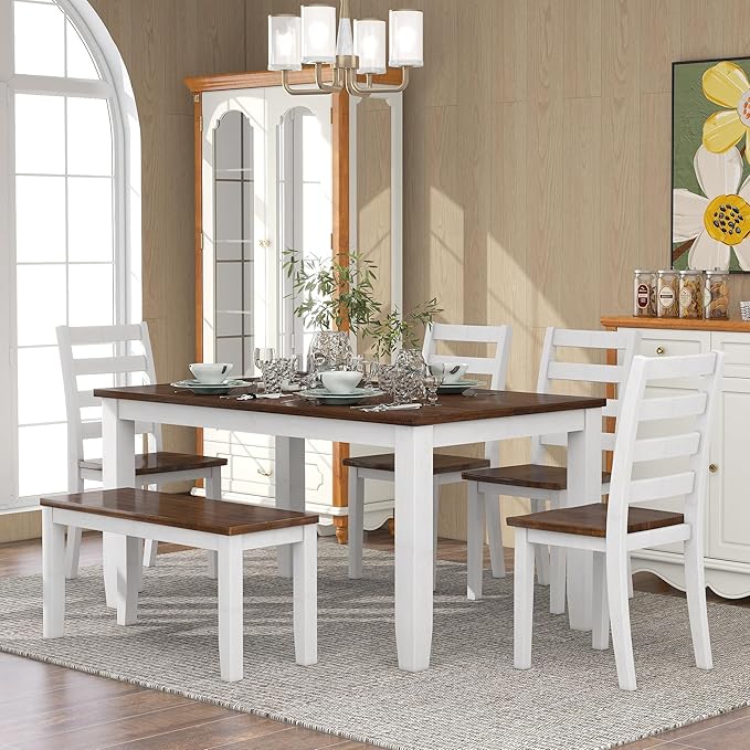 RITSU Retro Rustic Style 6 Piece Set, Including 4 Upholstered Chairs, 1 Table and a Bench, for Dining Room, Home Bar, and Kitchen,Walnut + Cottage White - LeafyLoom