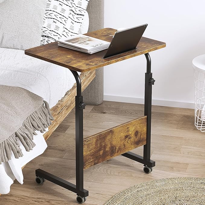 SogesPower 23.6 inches Mobile Laptop Desk Adjustable Height Stand Side Table with Wheels Workstation Laptop Computer Stand Bedside Table Portable Side Table for Bed Sofa,Mobile End Desk,Vintage - LeafyLoom