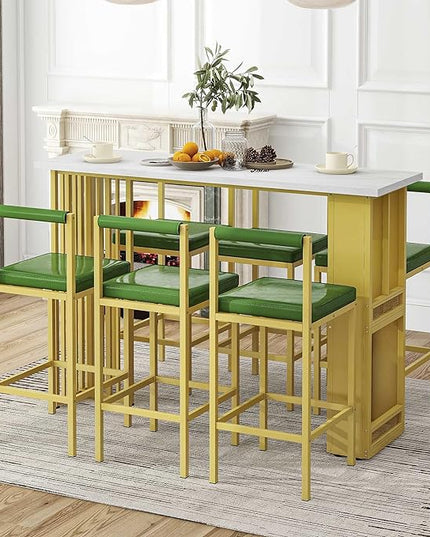 7-Piece Multi-Functional Modern Counter Height Dining Bar Table Set with Open Shelves and 6 Upholstered Stools with Gold Metal Frame for Home Pub Kitchen Room (White+Green) - LeafyLoom