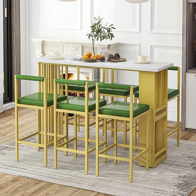 7-Piece Multi-Functional Modern Counter Height Dining Bar Table Set with Open Shelves and 6 Upholstered Stools with Gold Metal Frame for Home Pub Kitchen Room (White+Green) - LeafyLoom