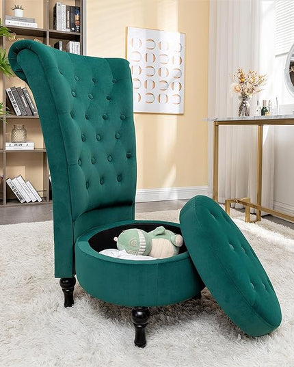Royal High-Back Velvet Accent Chair for Vanity with Storage and Luxurious Upholstery, Retro Design and Versatile Usage for Living Room, Bedroom, Lounge and Office, Green - LeafyLoom