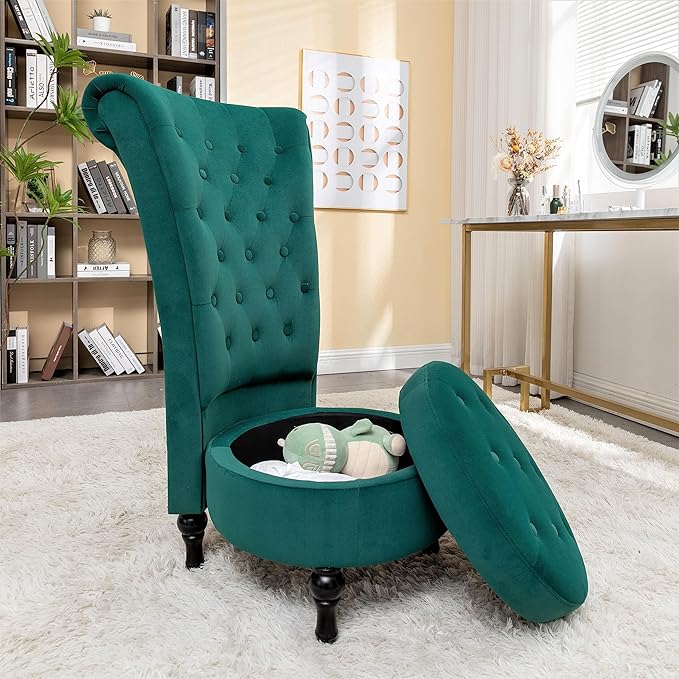 Royal High-Back Velvet Accent Chair for Vanity with Storage and Luxurious Upholstery, Retro Design and Versatile Usage for Living Room, Bedroom, Lounge and Office, Green - LeafyLoom
