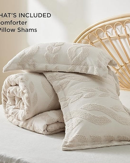 Bedsure King Size Comforter Set Beige, Boho Tufted Bedding Comforter Set, Farmhouse Jacquard Cable Knit Pattern Bed Set, 3 Pieces, 1 Shabby Chic Fluffy Comforter & 2 Pillow Shams - LeafyLoom