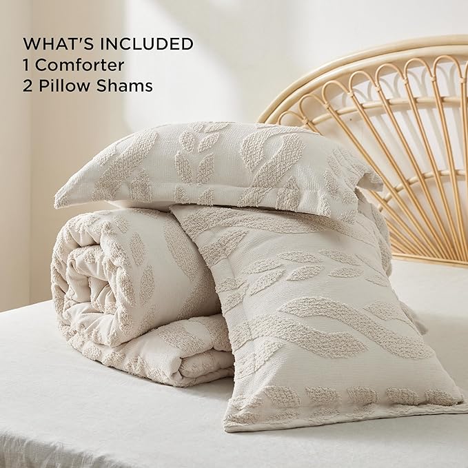 Bedsure King Size Comforter Set Beige, Boho Tufted Bedding Comforter Set, Farmhouse Jacquard Cable Knit Pattern Bed Set, 3 Pieces, 1 Shabby Chic Fluffy Comforter & 2 Pillow Shams - LeafyLoom