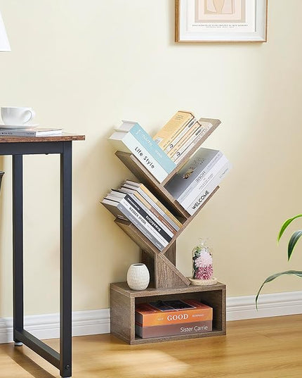 Hoctieon 3 Tier Tree Bookshelf, Modern Bookcase with Drawer, Freestanding Book shelf, Display Floor Standing Storage Shelf, Book Organizer Shelves for Home Office, Living Room, Bedroom, Greige - LeafyLoom