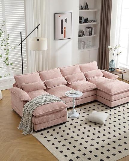 6 Seater Overstuffed Modular Sectional Sofa Cloud Couch with Double Chaise Lounge, U Shaped Chenille Upholstered Leisure Sofa&Couches with Memory Foam and Waist Pillows for Living Room Office - LeafyLoom