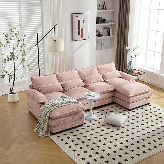 6 Seater Overstuffed Modular Sectional Sofa Cloud Couch with Double Chaise Lounge, U Shaped Chenille Upholstered Leisure Sofa&Couches with Memory Foam and Waist Pillows for Living Room Office - LeafyLoom