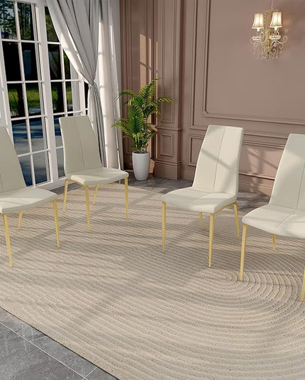 Modern Faux Leather Dining Chairs Set of 4, Padded Seat Dining Side Chairs, Upholstered Chair with Metal Legs for Kitchen, Living Room, Dining Room, White Chairs+Gold Legs - LeafyLoom