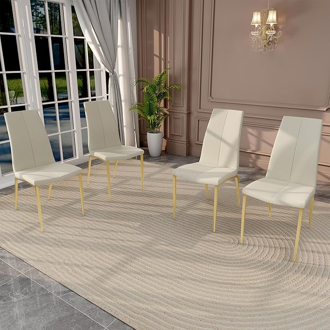 Modern Faux Leather Dining Chairs Set of 4, Padded Seat Dining Side Chairs, Upholstered Chair with Metal Legs for Kitchen, Living Room, Dining Room, White Chairs+Gold Legs - LeafyLoom