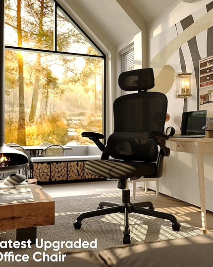 Ergonomic Office Chair, High Back Mesh Desk Chair with Adjustable Lumbar Support, 3D Flip-Up Arms, Headrest, Swivel Rolling Wheel, Big and Tall Comfy Wide Work Task Computer Gaming Chairs for Adults - LeafyLoom