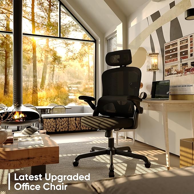 Ergonomic Office Chair, High Back Mesh Desk Chair with Adjustable Lumbar Support, 3D Flip-Up Arms, Headrest, Swivel Rolling Wheel, Big and Tall Comfy Wide Work Task Computer Gaming Chairs for Adults - LeafyLoom