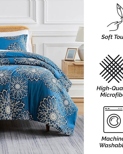 Southshore Fine Living, Inc. Oversized King Comforter Bedding Set, Down Alternative Boho Bedspread, Paisley Floral Comforter, King/California King with 2 Matching Shams, Midnight Floral Blue - LeafyLoom